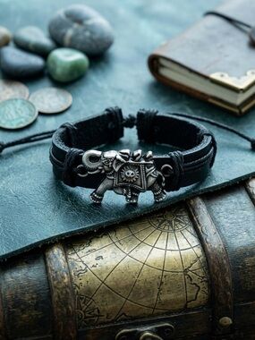 Hand Crafted Black Leather Bracelet with Silver Elephant Accent